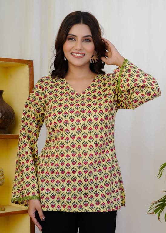 Trendwize Women Mustard Cotton Printed Top – Floral Print V-Neck Casual Summer Wear, Regular Fit Flared Sleeve Top for Women