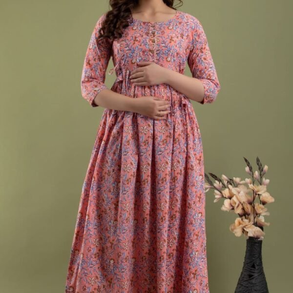 Women’s Cotton Anarkali Kurti | Floral Printed Long Kurti with 3/4th Sleeves – Peach Pink