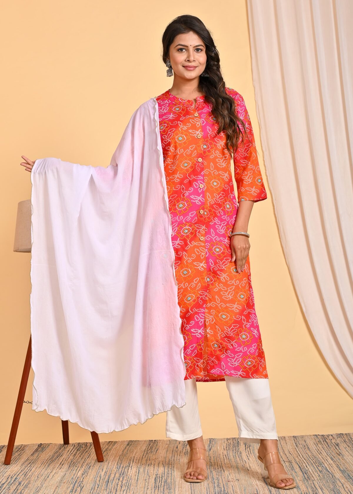 Women’s Bright Pink & Orange Bandhani Printed Kurta Set with Dupatta | Ethnic Cotton Blend Kurti for Festive & Casual Wear - Image 1