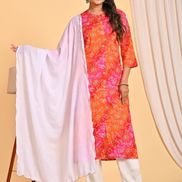 Women’s Bright Pink & Orange Bandhani Printed Kurta Set with Dupatta | Ethnic Cotton Blend Kurti for Festive & Casual Wear