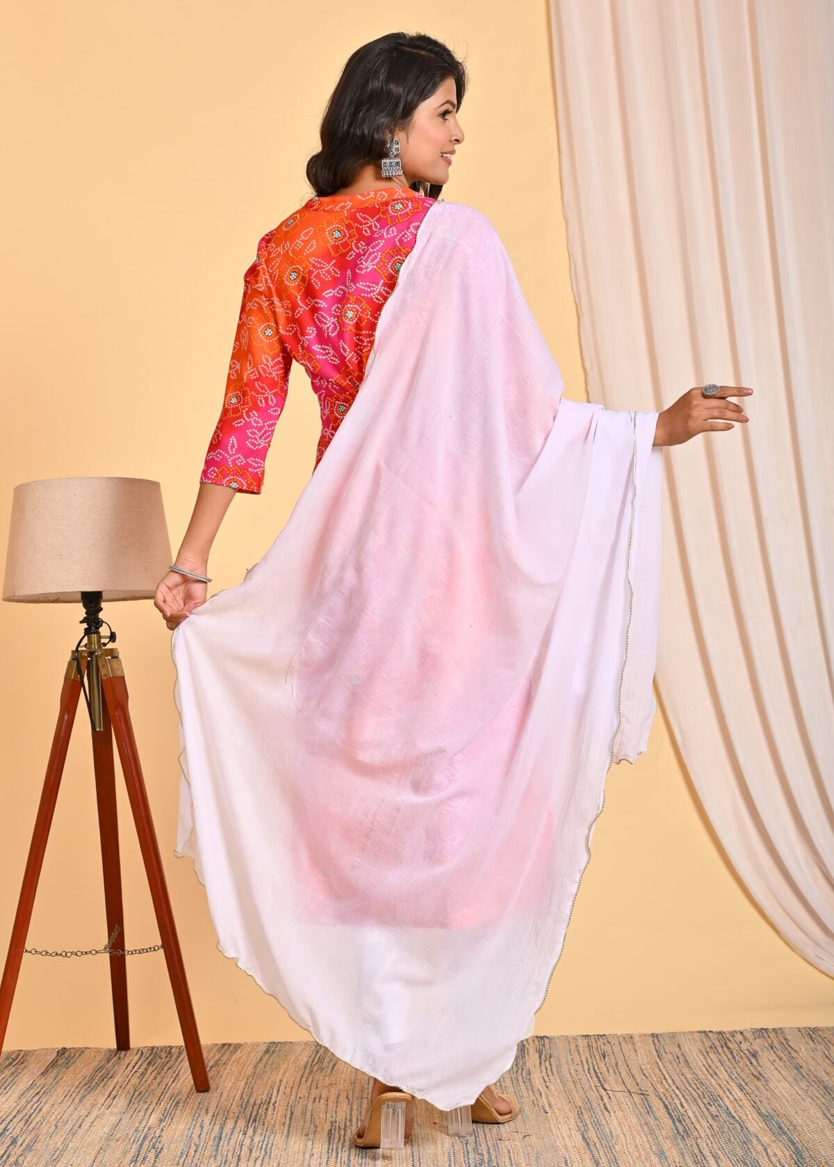 Women’s Bright Pink & Orange Bandhani Printed Kurta Set with Dupatta | Ethnic Cotton Blend Kurti for Festive & Casual Wear - Image 5