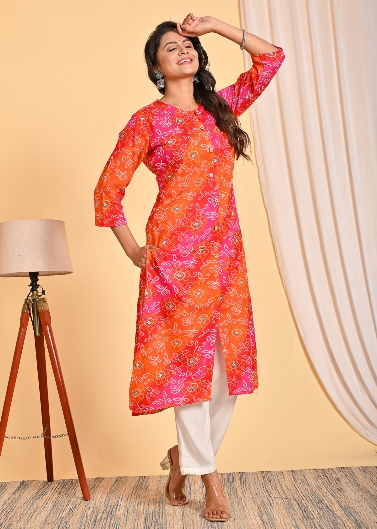 Women’s Bright Pink & Orange Bandhani Printed Kurta Set with Dupatta | Ethnic Cotton Blend Kurti for Festive & Casual Wear - Image 4
