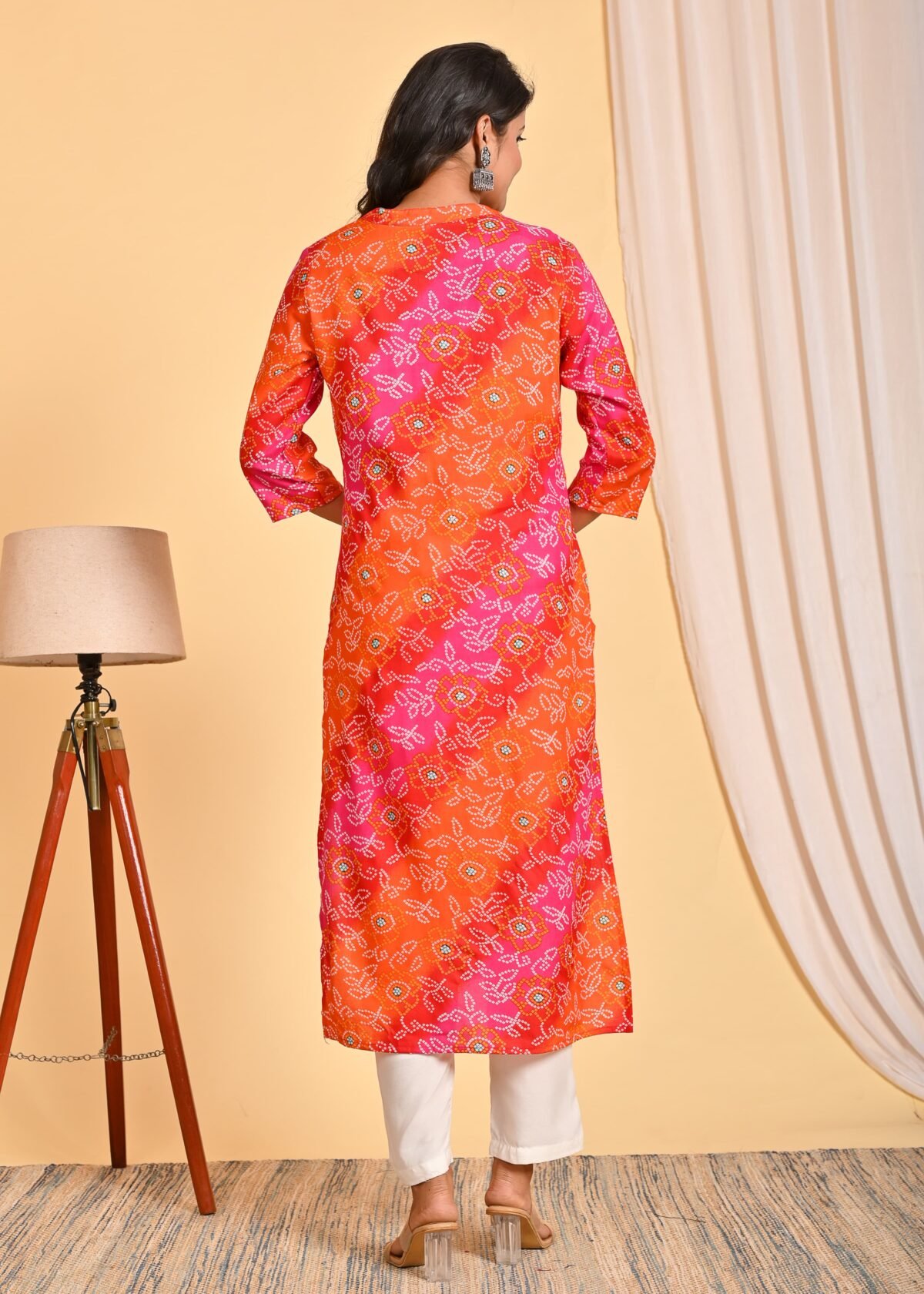 Women’s Bright Pink & Orange Bandhani Printed Kurta Set with Dupatta | Ethnic Cotton Blend Kurti for Festive & Casual Wear - Image 2