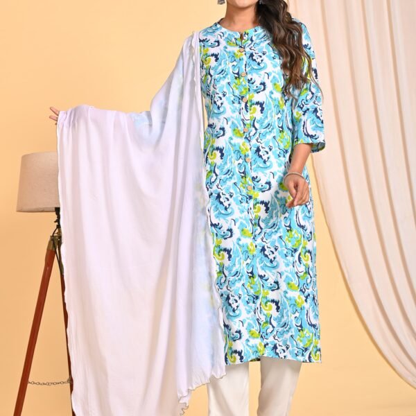 Women’s Blue & Green Printed Kurta Set with White Dupatta