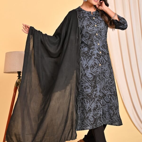 Women’s Black Floral Printed Kurta Set with Dupatta