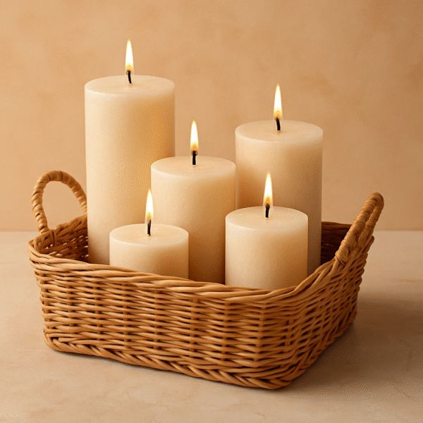 Set of 5 Ivory Pillar Candles in Woven Basket | Decorative Unscented Candles for Home Decor & Events